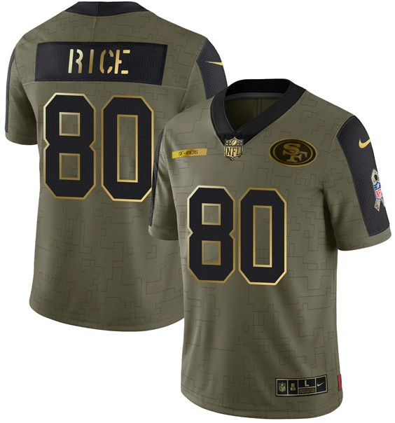 Men's San Francisco 49ers #80 Jerry Rice 2021 Olive Camo Salute To Service Golden Limited Stitched Jersey